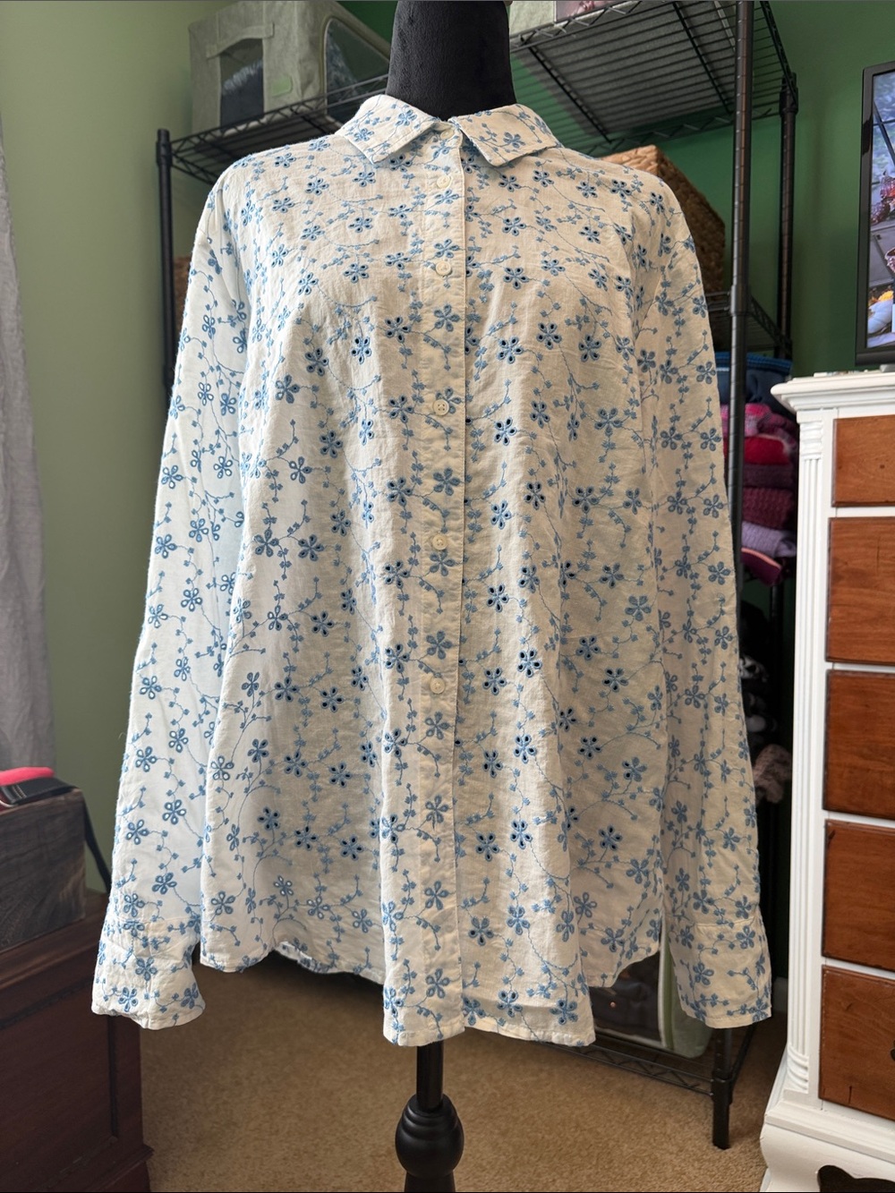 Candace Cameron Bure White Button-Down Shirt with Blue Floral eyelet Print